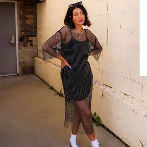 black mirrorball mesh dress and slip